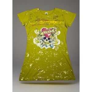 VTG-Ed Hardy Gold Fleck Sketch T-Shirt Women M Skull Short Sleeve Graphic Print